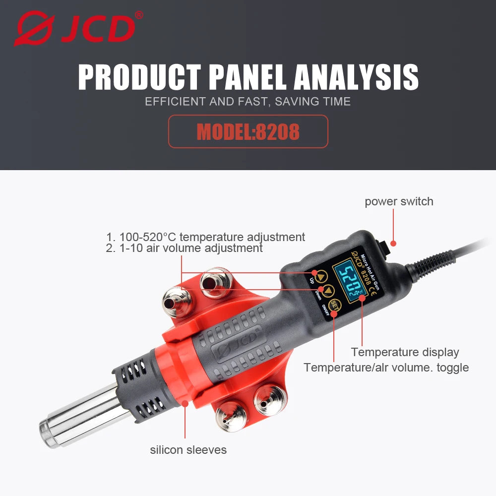 JCD 750W Micro Heat Gun Rework Soldering Air Station LCD Digital Hair Dryer 220V 110V Hot Air Soldering Tools 8208