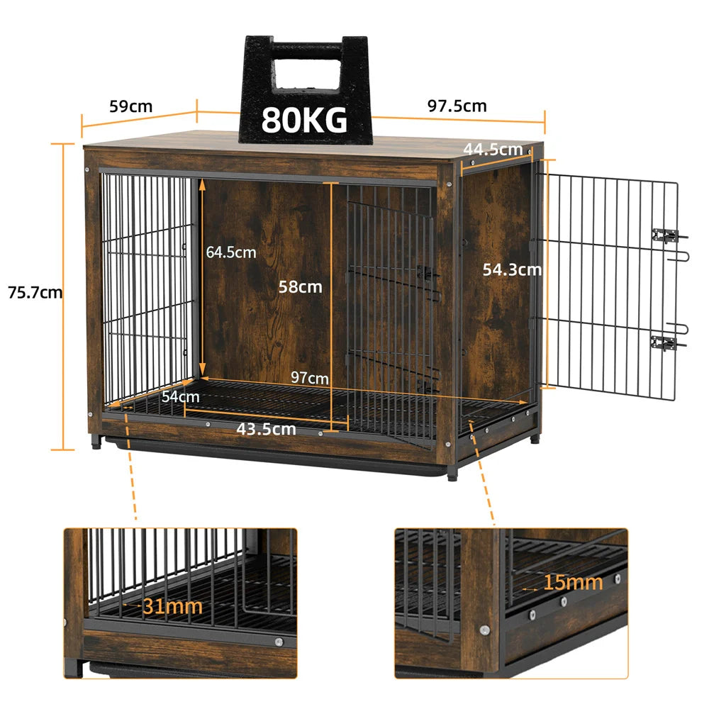 Large Elevated Wooden Dog Crate End Table with Double Door and Removable Tray