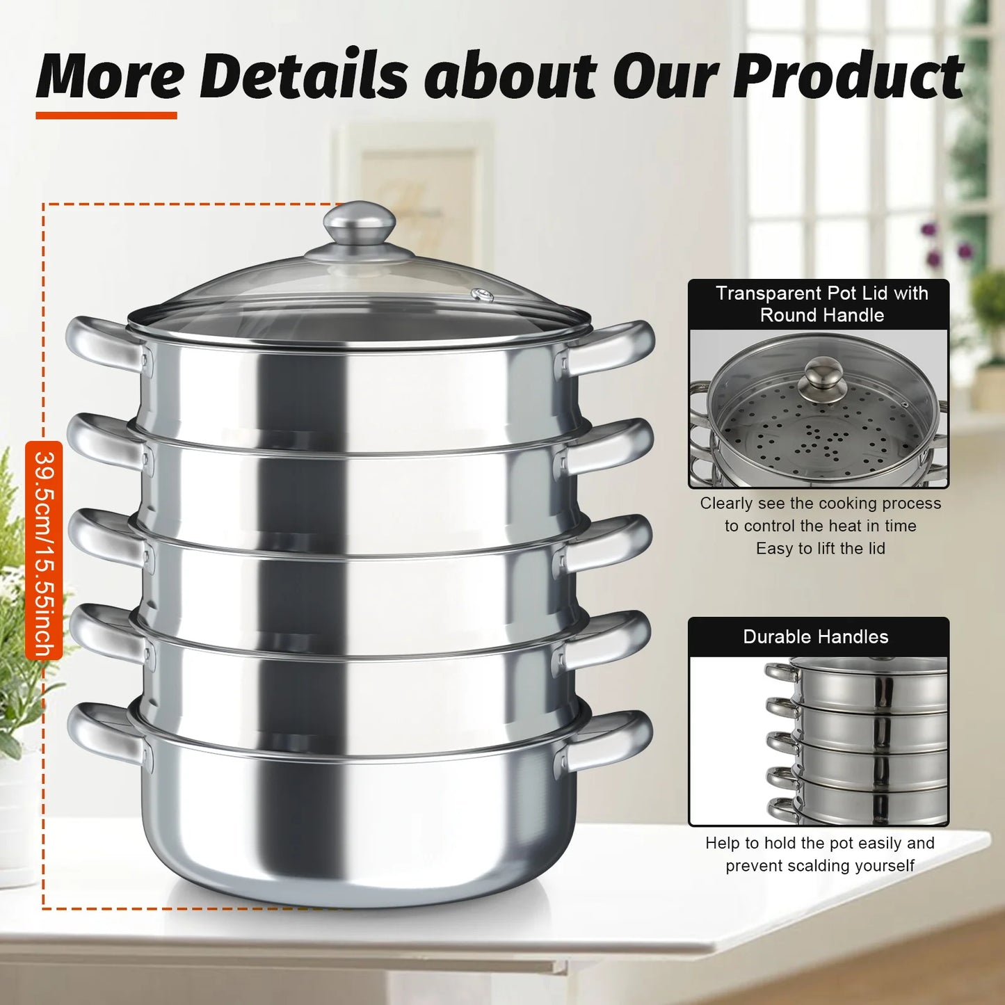 26/28/30/32cm 5 Tier Steamer Cooker Pot Stainless Steel Silver w/Glass Lid