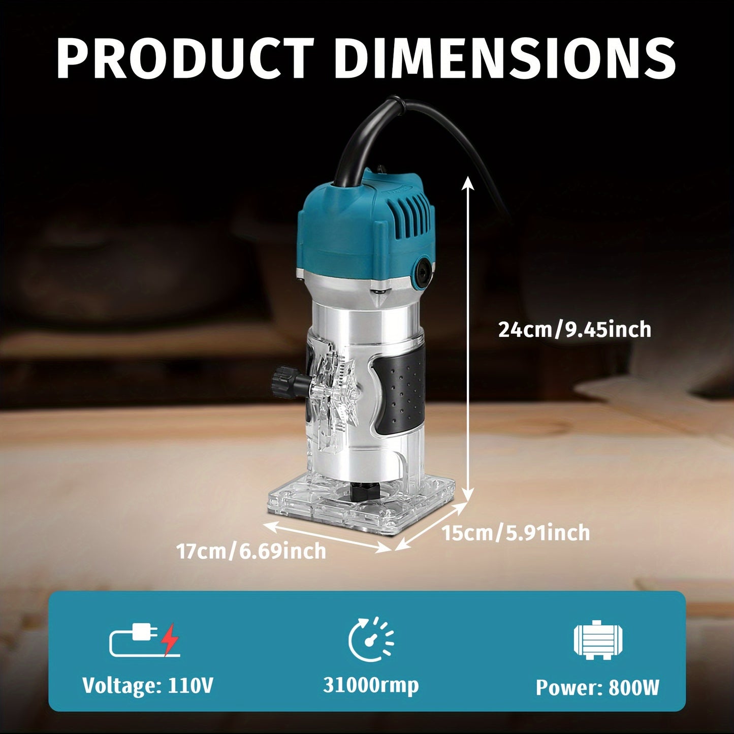 800W Compact Wood Router - 110V, Plug-In Handheld Trimmer for Woodworking.