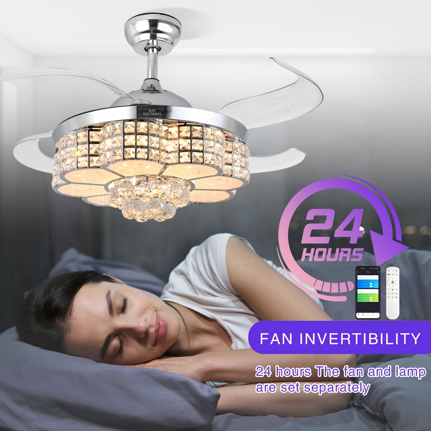 Elegant 42in Retractable Crystal Ceiling Fan with LED Lights - Remote & App Control.