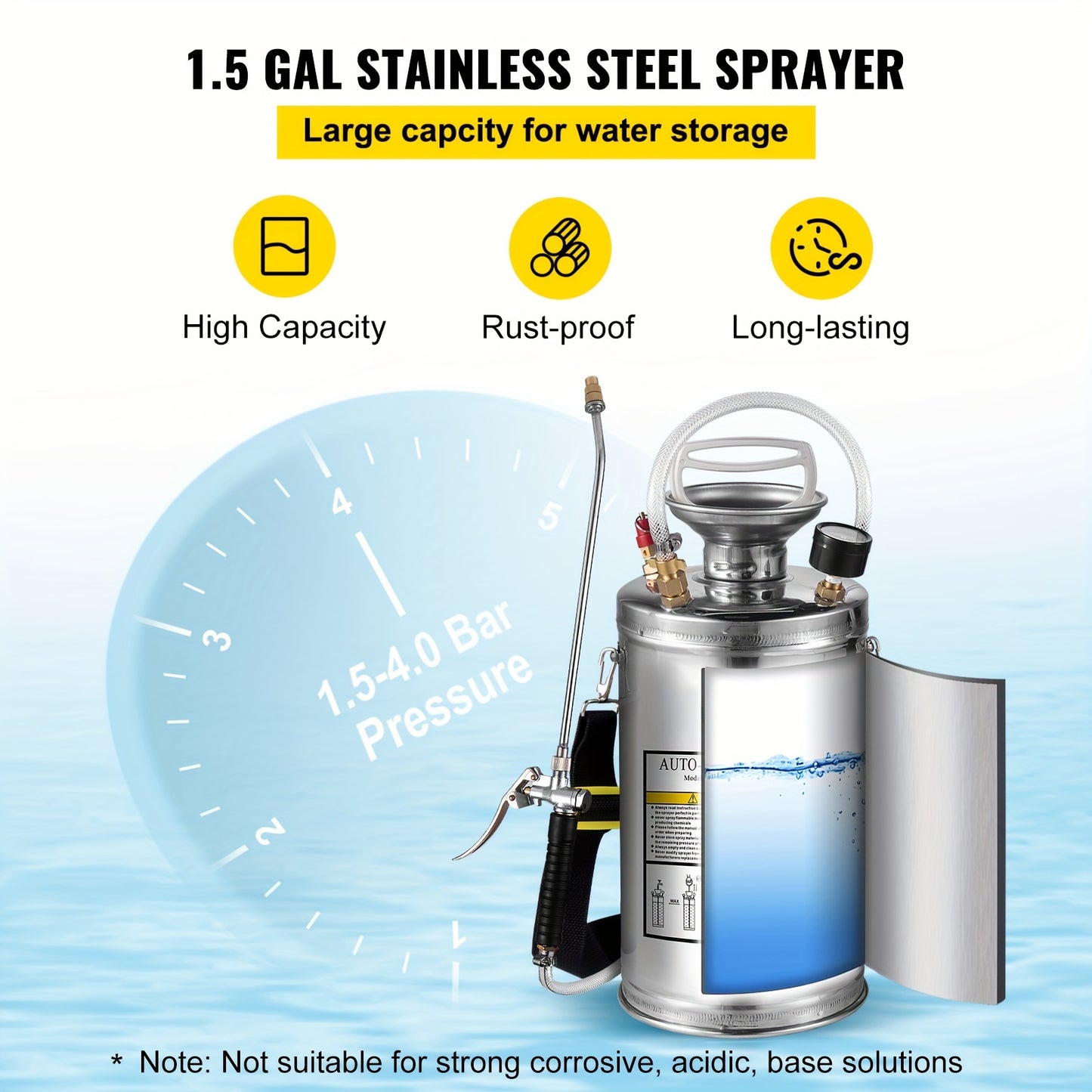 1.5 Gallon Stainless Steel Sprayer, 16" Wand, 3.3FT Reinforced Hose, Hand Pump with Pressure Gauge,