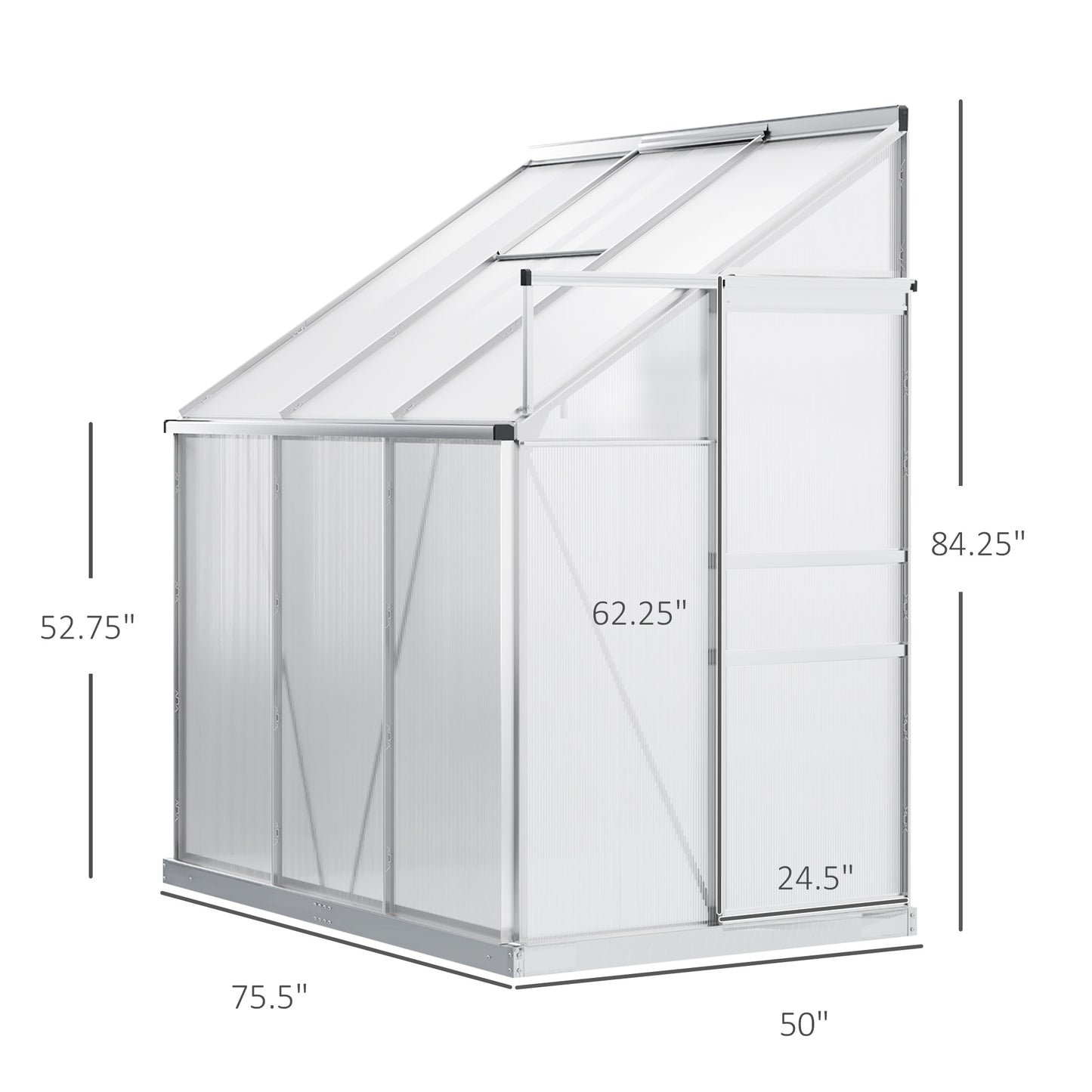 6' x 4' Aluminum Lean-to Greenhouse Polycarbonate Walk-in Garden Greenhouse with Adjustable Roof Vent, Rain Gutter and Sliding Door