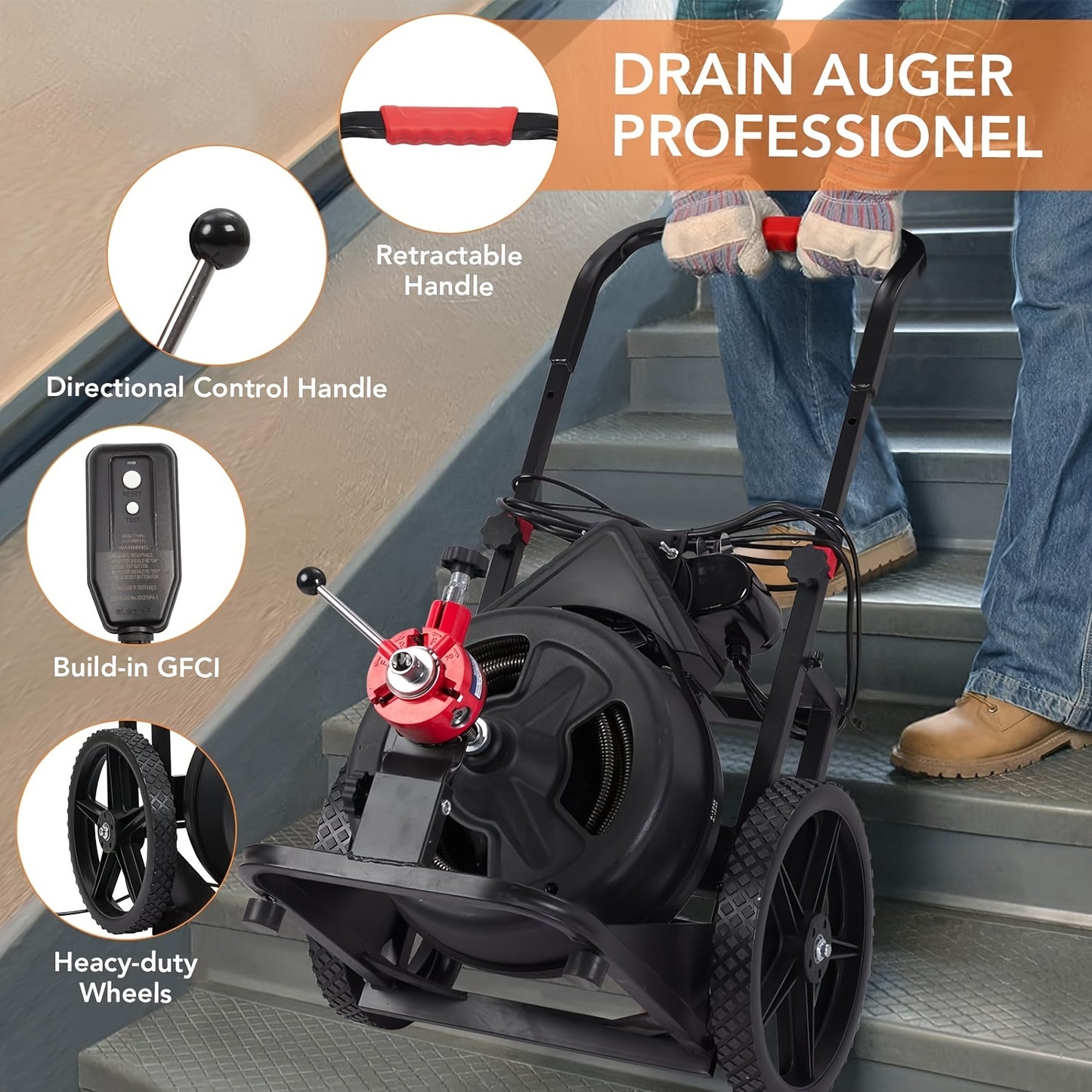 Gutter Cleaning Machine, Self-propelled Electric Drainage Auger For 1 To 4 Inch Pipes