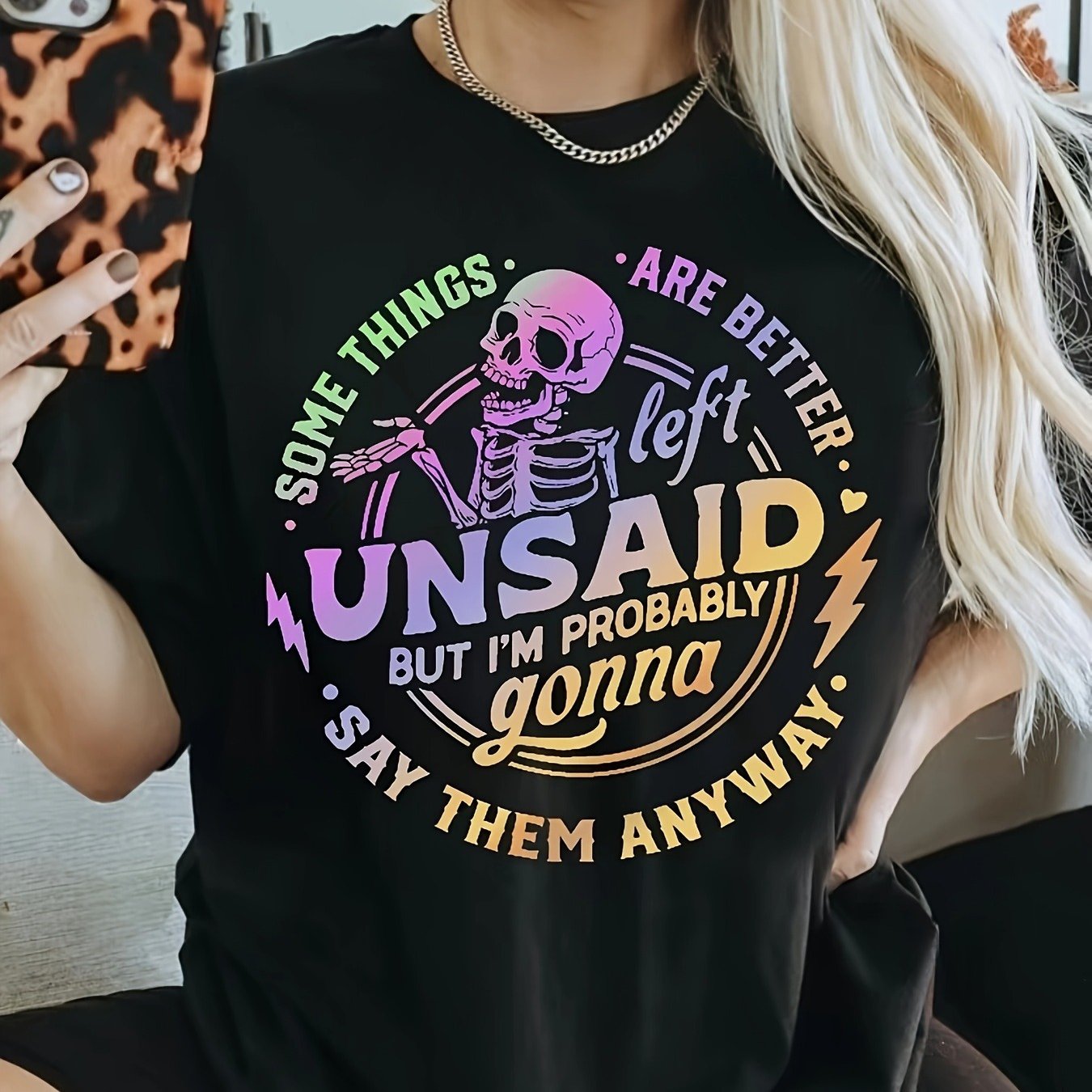 "Skeleton Graphic Tee: ""Some Things Are Better Left Unsaid"" - Short Sleeve Shirt