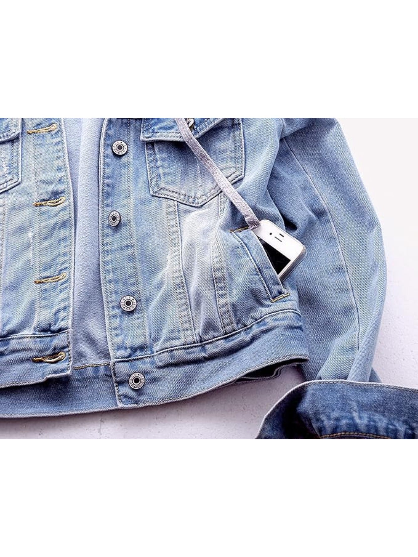 Women's Casual Denim Jacket with Detachable Hood - Button-Down, Fleece Lined, Cotton Blend, Machine Washable -