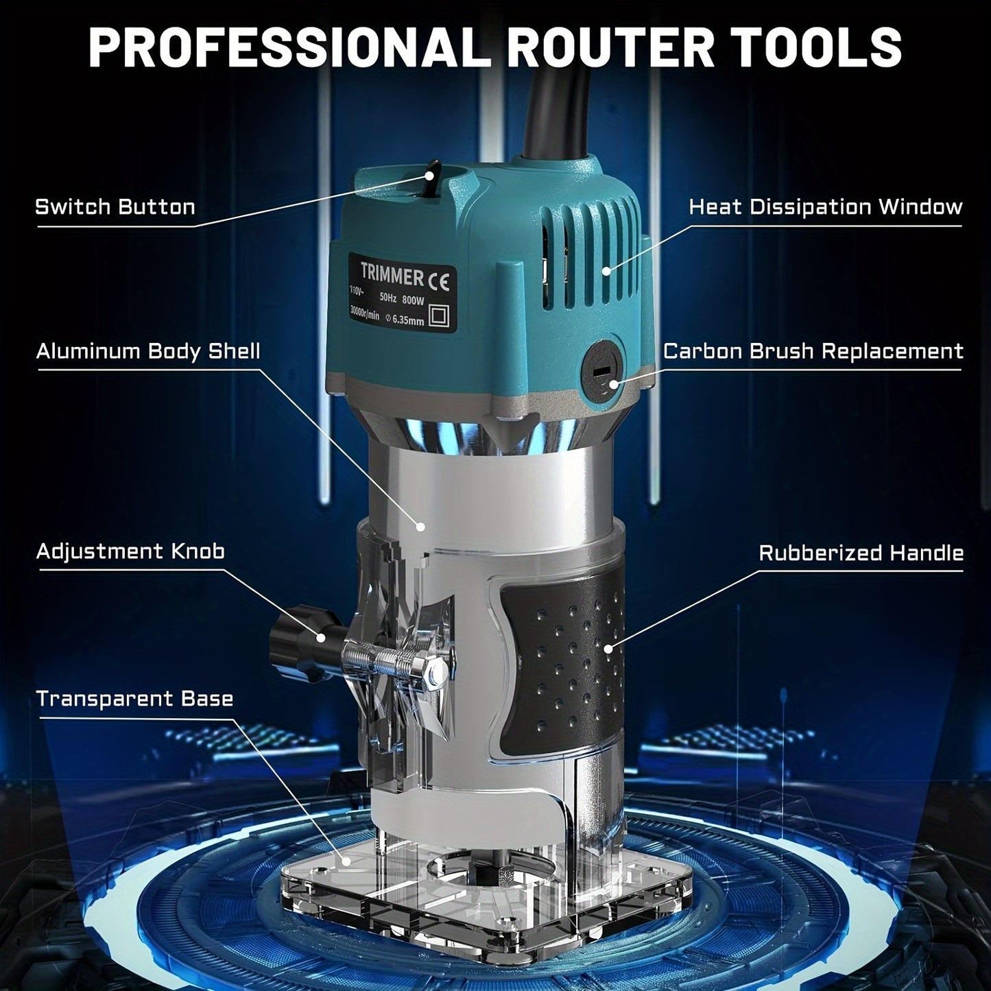 800W Compact Wood Router - 110V, Plug-In Handheld Trimmer for Woodworking.