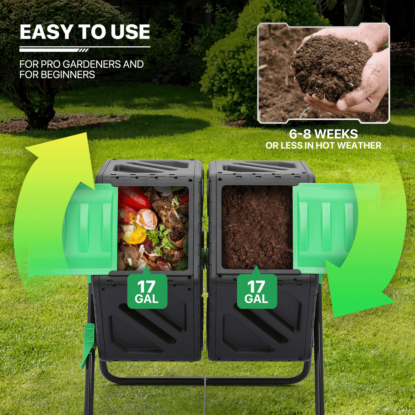 34 Gallon Compost Bins Outdoor Dual Chamber Composter Fast Working Tumbling High Volume Composter with 2 Sliding Doors