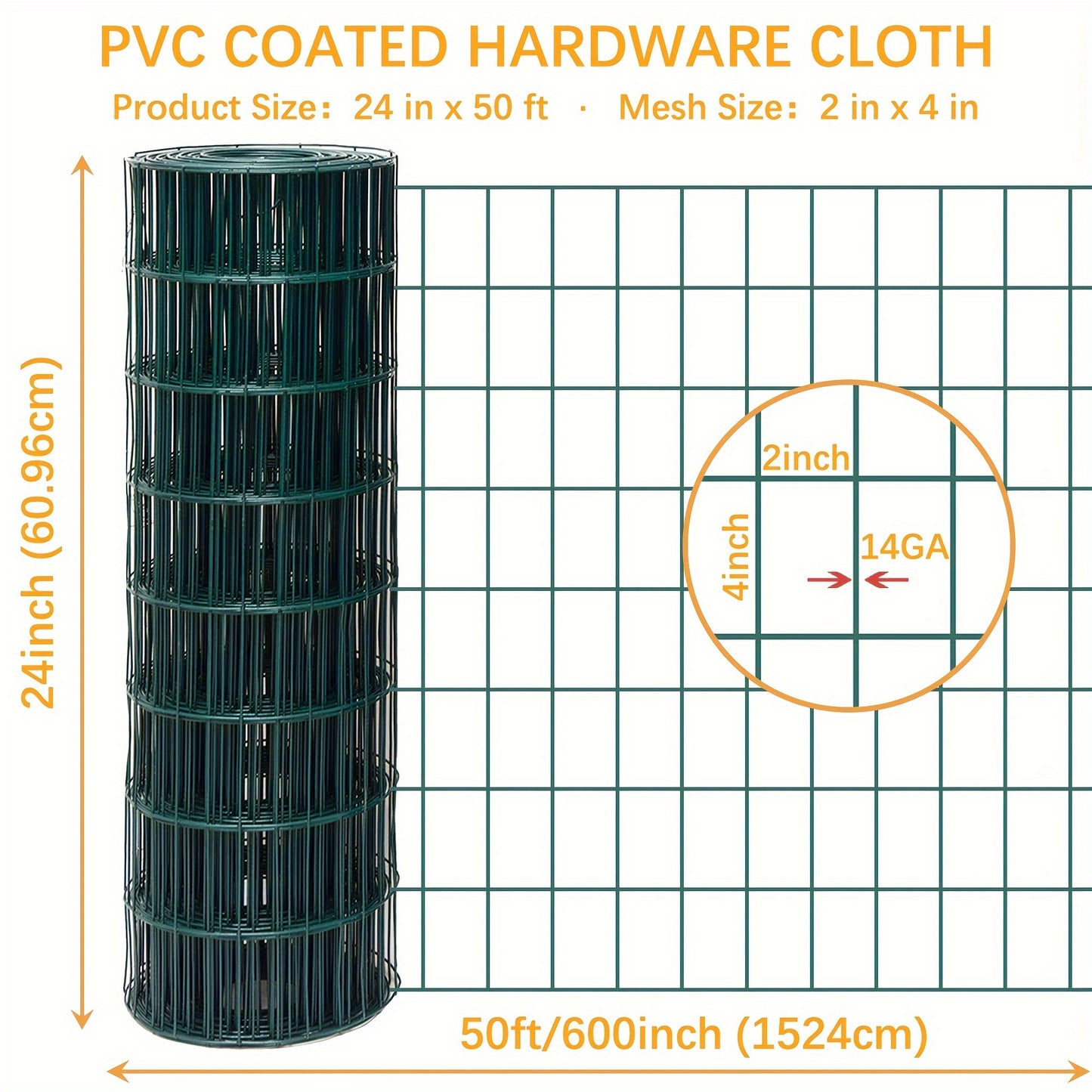 36 Inch High X 50 Ft Long Green PVC Coated Wire Fence Rolls, 16Ga Metal Welded Mesh 2"X3" for Vegetable Border Plant Protection and Chicken Poultry Netting