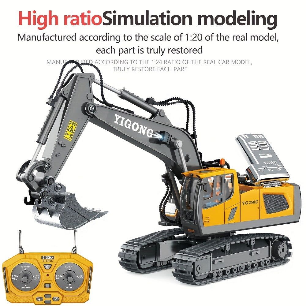 2.4Ghz Remote Control Excavator Toy, with Metal Shovel, Lights, Various Sound Effects and