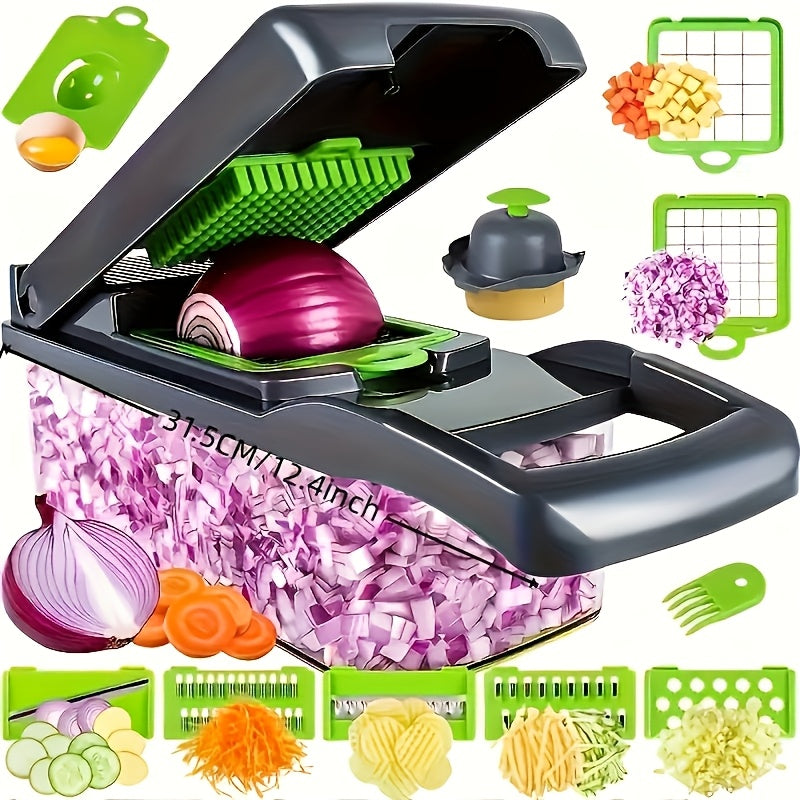 16pcs Kitchen Companion -Multifunctional Vegetable Chopper, Fruit Slicer, Manual Food Grater, Onion Mincer, Potato Shredder, Slicer with Container,