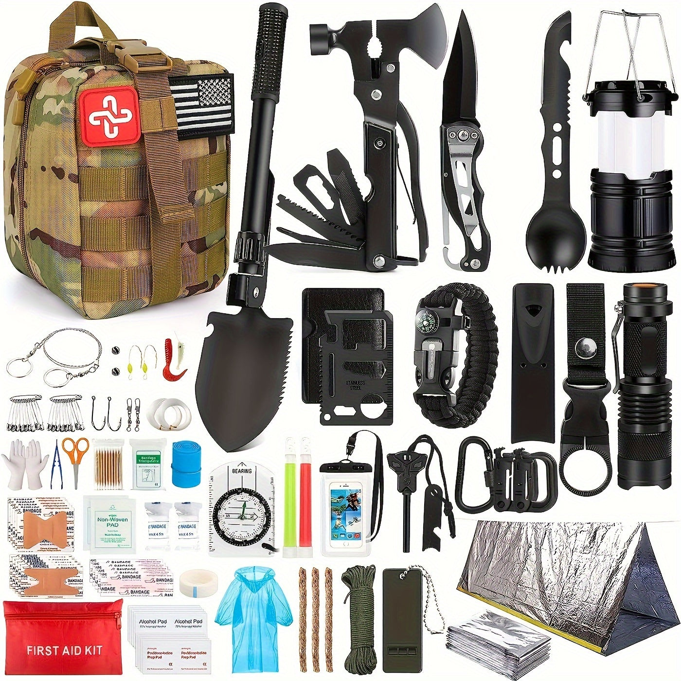 250Pcs Ultimate Survival Kit - Comprehensive First Aid Kit, Emergency Tent, Compatible Bag, and Multi-Tool.