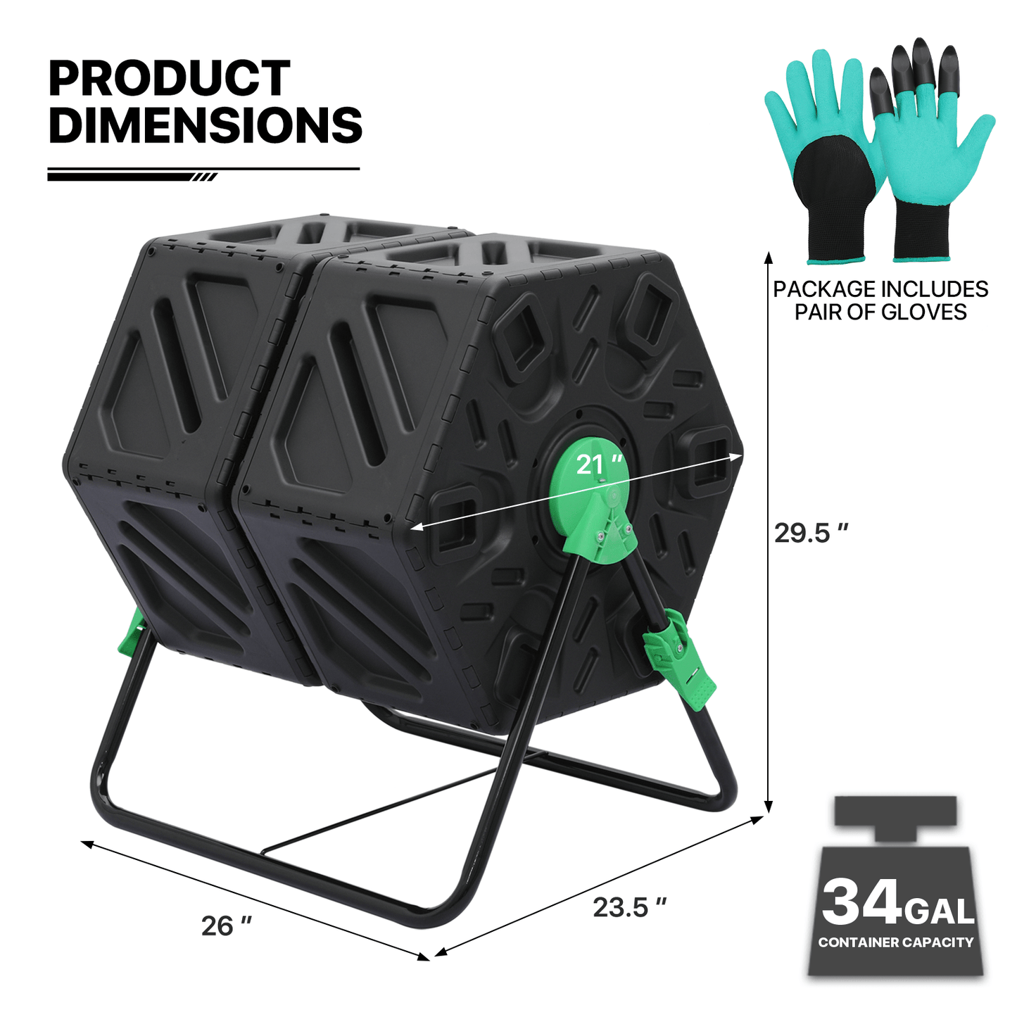 34 Gallon Compost Bins Outdoor Dual Chamber Composter Fast Working Tumbling High Volume Composter with 2 Sliding Doors