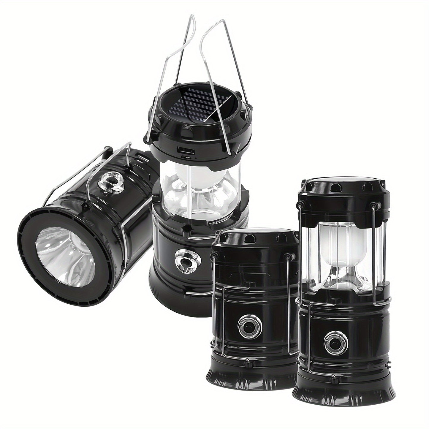 4pcs LED Camping Lanterns - USB Rechargeable, Emergency Lighting, Polished Finish.