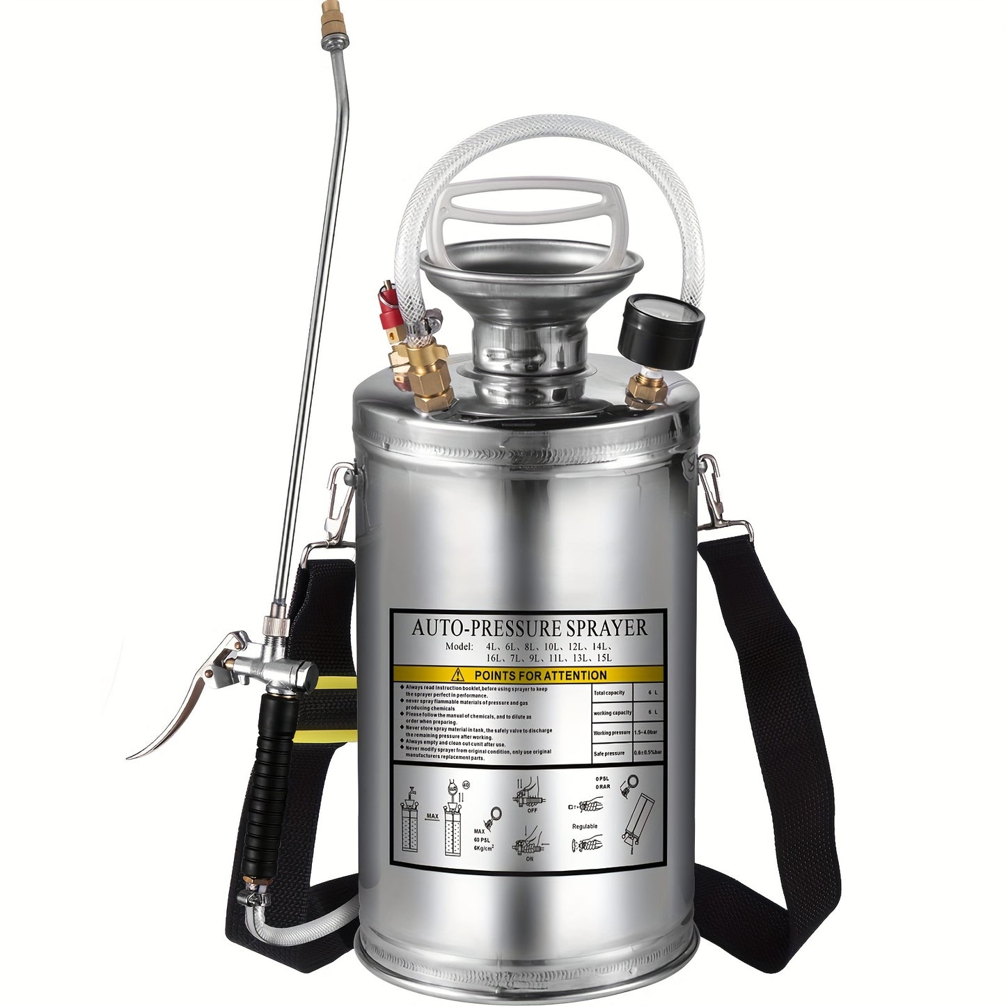 1.5 Gallon Stainless Steel Sprayer, 16" Wand, 3.3FT Reinforced Hose, Hand Pump with Pressure Gauge,
