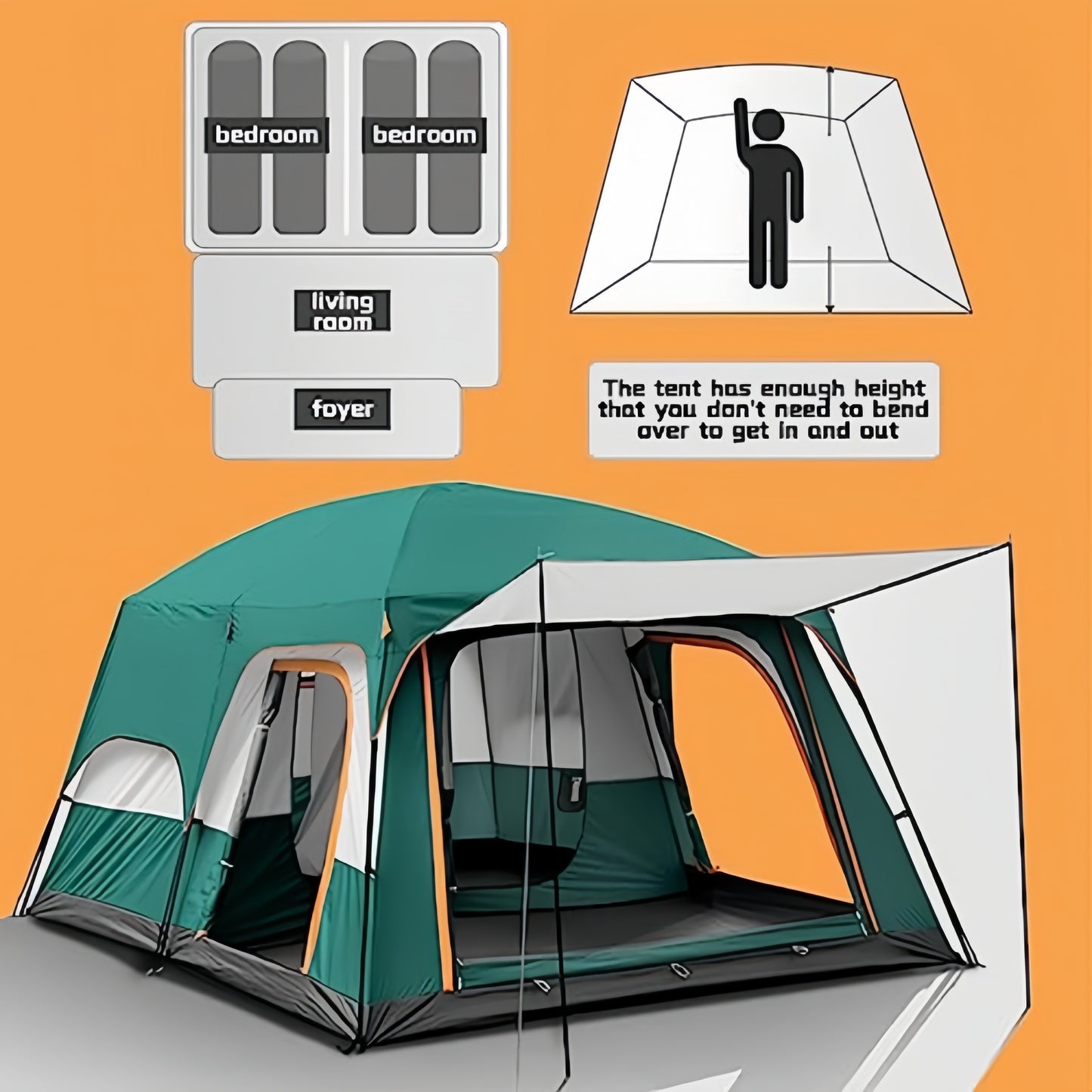10-12 People Extra Large Family Cabin Tent, Waterproof, Double Layer
