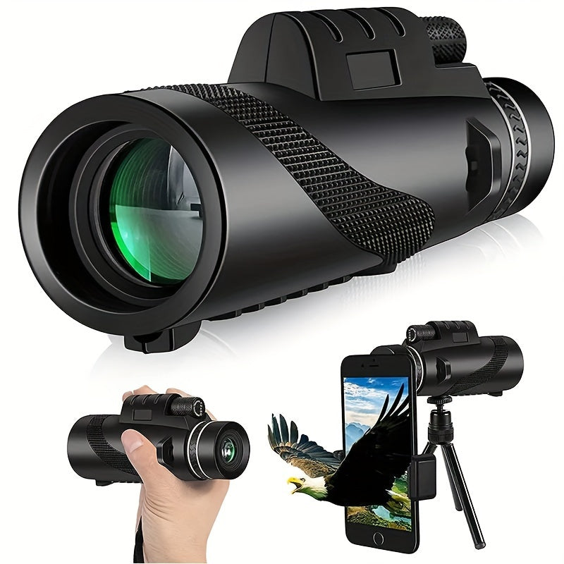 High-power Monocular Telescope with Smartphone Adapter, and Tripod