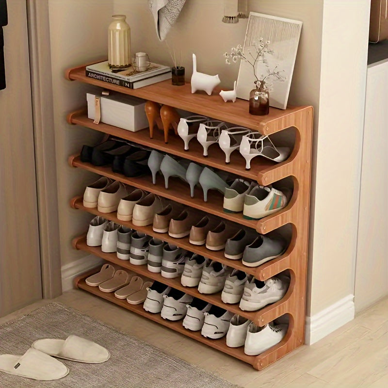 Space-Saving Bamboo Shoe Rack - Multi-Layer, Freestanding Organizer with Wood Grain Finish.