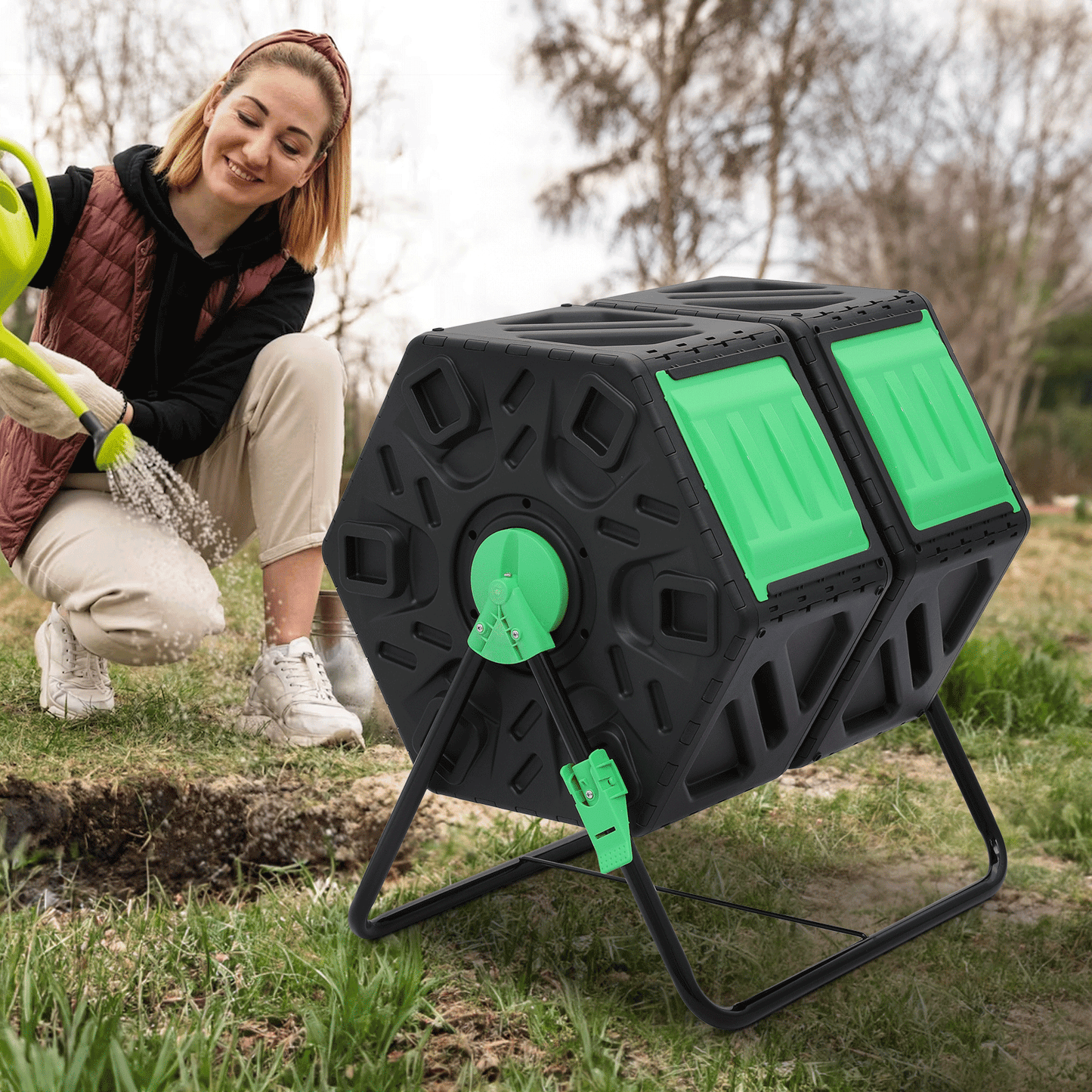 34 Gallon Compost Bins Outdoor Dual Chamber Composter Fast Working Tumbling High Volume Composter with 2 Sliding Doors