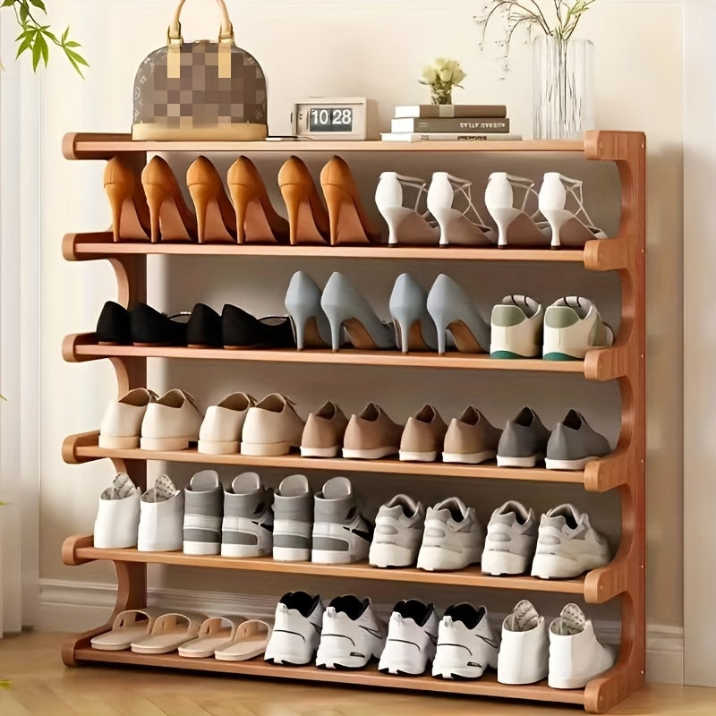 Space-Saving Bamboo Shoe Rack - Multi-Layer, Freestanding Organizer with Wood Grain Finish.