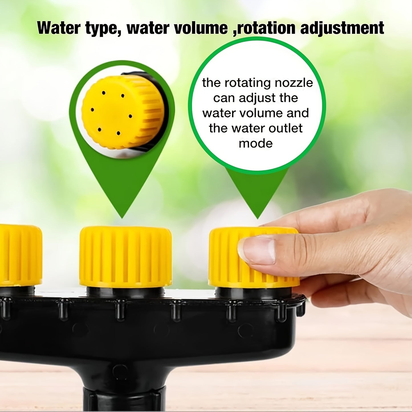 Multi-Head Garden Hose Nozzle Sprayer with Adjustable Spray Patterns, Durable Black & Yellow Plastic.