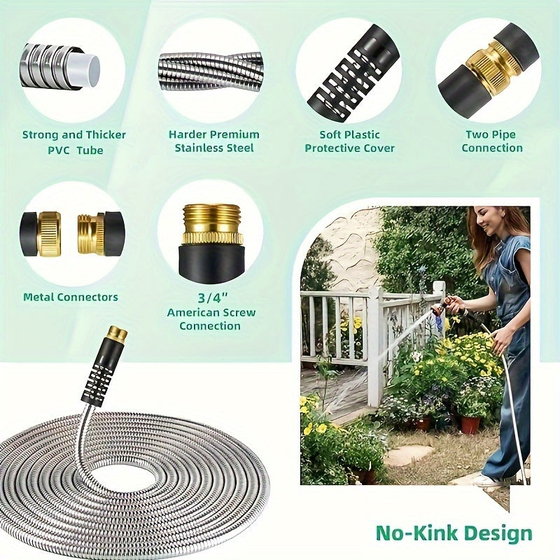 100ft Heavy-Duty Stainless Steel Garden Hose - Flexible, Puncture-Resistant & Rustproof with 10 Multi-Function Nozzles.