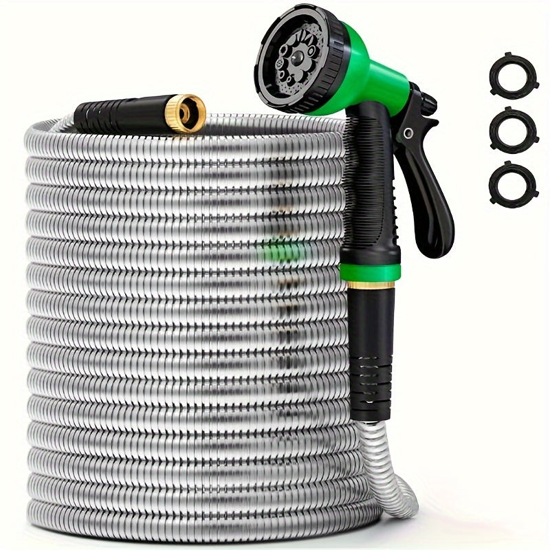 100ft Heavy-Duty Stainless Steel Garden Hose - Flexible, Puncture-Resistant & Rustproof with 10 Multi-Function Nozzles.
