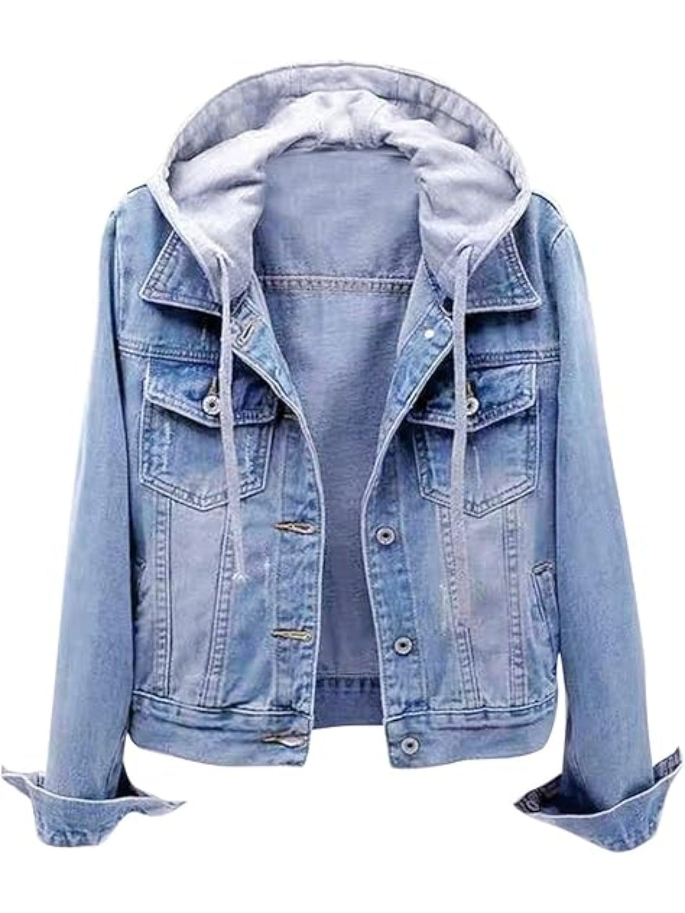 Women's Casual Denim Jacket with Detachable Hood - Button-Down, Fleece Lined, Cotton Blend, Machine Washable -
