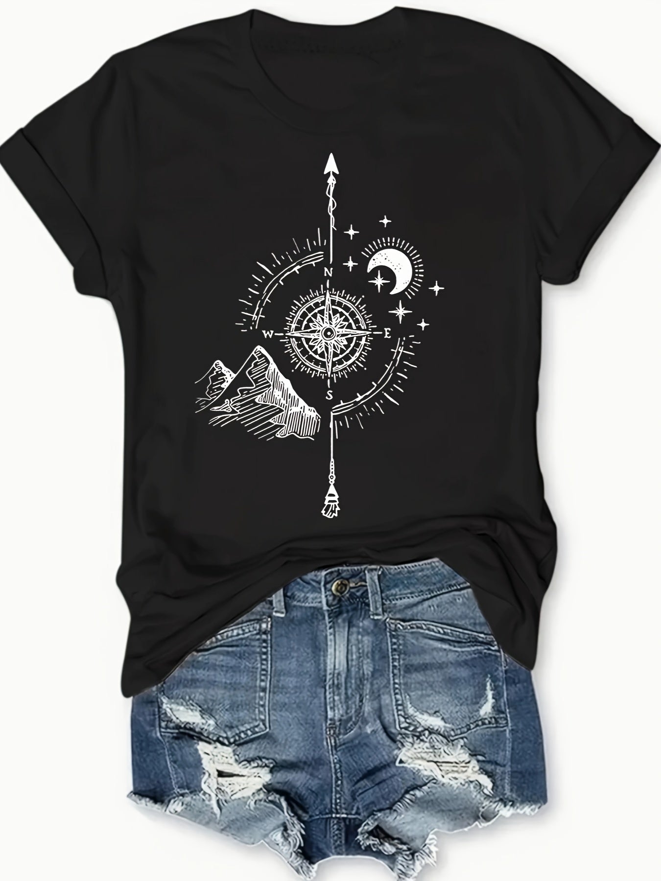 Short Sleeve Compass Print Crew Neck T-shirt, Casual Women's Clothing