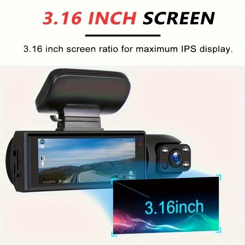 The Latest Dashcam 1080P Dual Camera USB Rechargeable Lithium Polymer Battery Onboard DVR, 3.16-inch IPS Screen.