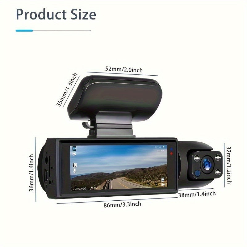 The Latest Dashcam 1080P Dual Camera USB Rechargeable Lithium Polymer Battery Onboard DVR, 3.16-inch IPS Screen.