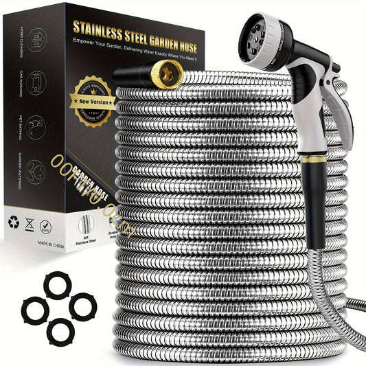 100ft Heavy-Duty Stainless Steel Garden Hose - Flexible, Puncture-Resistant & Rustproof with 10 Multi-Function Nozzles.