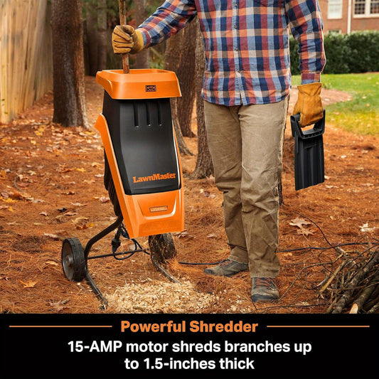 LawnMaster FD1501 Electric Wood Chipper Shredder 15-Amp 1.5-Inch Cutting Diameter Max 10:1 Reduction