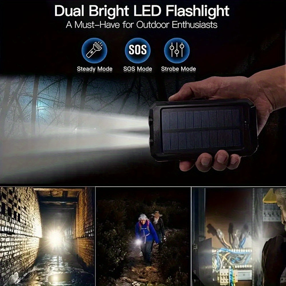 30000mAh Super USB Portable Solar Power Bank with LED Flashlight and Carabiner for Cell Phones.