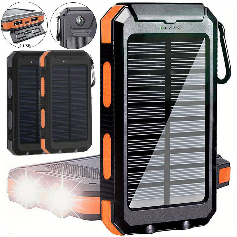 30000mAh Super USB Portable Solar Power Bank with LED Flashlight and Carabiner for Cell Phones.