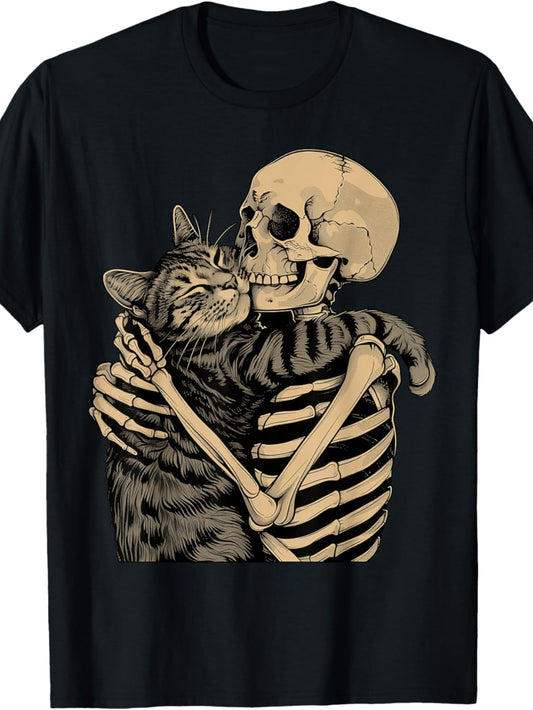 Skeleton Hugging Cat Halloween Cat Lover Cat Mom Dad T-Shirt