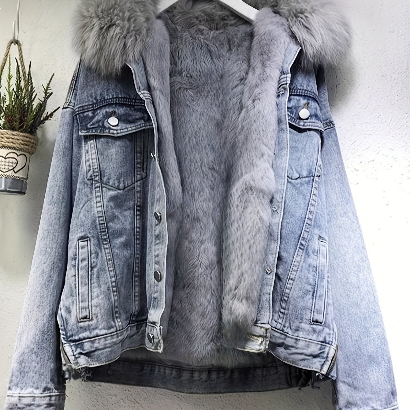 Womens Thickened Warm Jean Jackets, Faux Fur Collar Coat Denim Winter Jacket