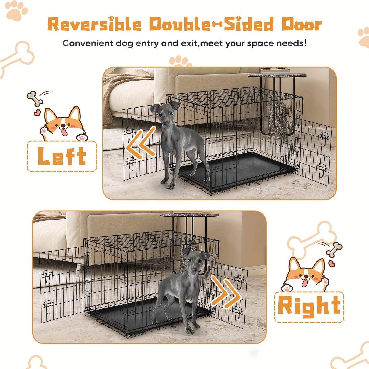 Folding Dog Crate  with Double Doors, Divider Panel, Removable Tray