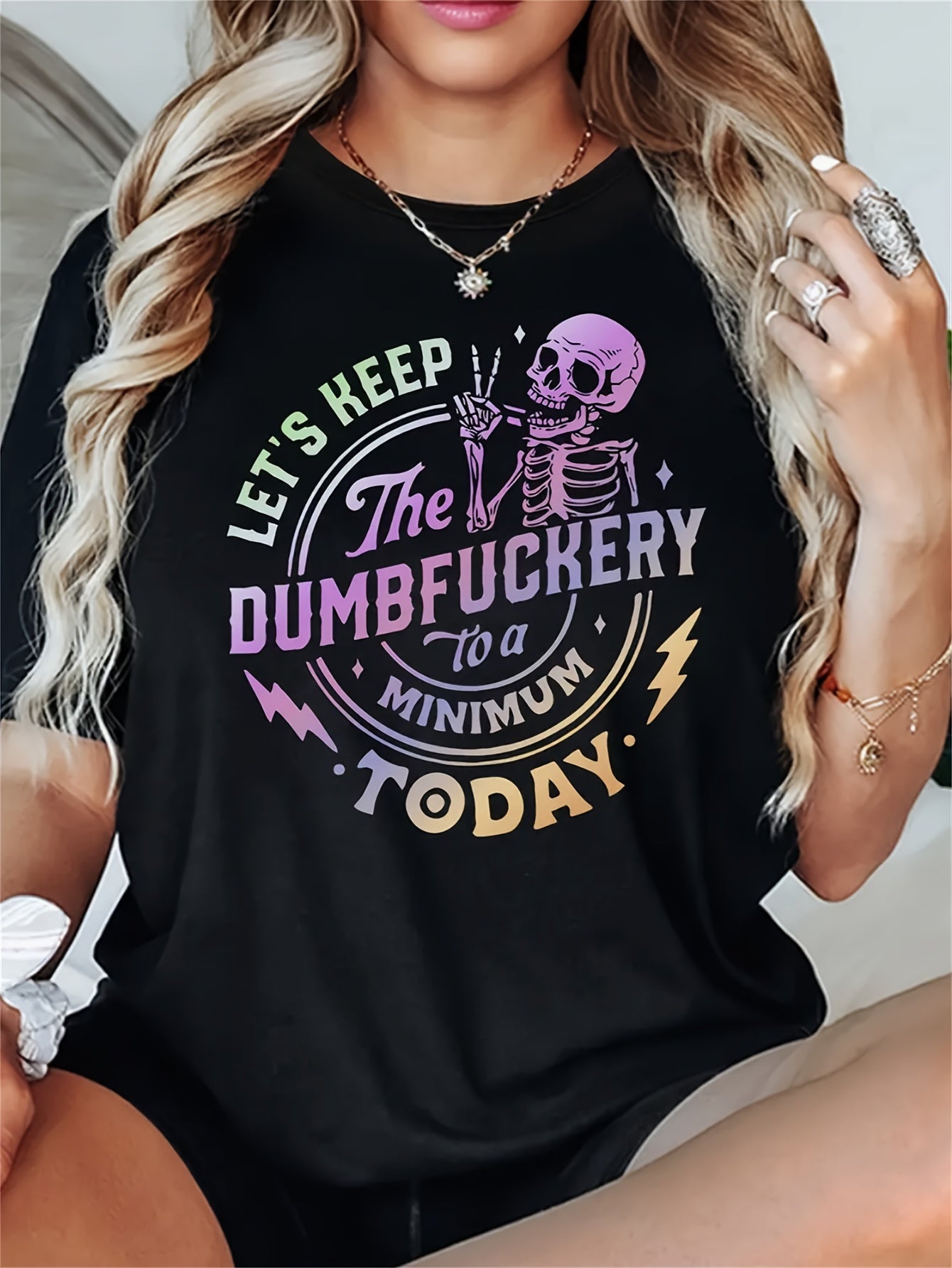 Relaxed Fit Women's Short Sleeve T-Shirt, Colorful Skeleton Print.