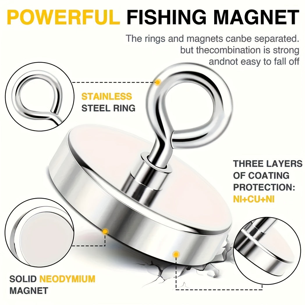 The 960-pound (435-kilogram) tensile strength fishing magnet, measuring 3.54 inches (90 millimeters) in diameter, is used in river and magnetic fishing for fishing recovery, underwater treasure hunting and recovery of items w