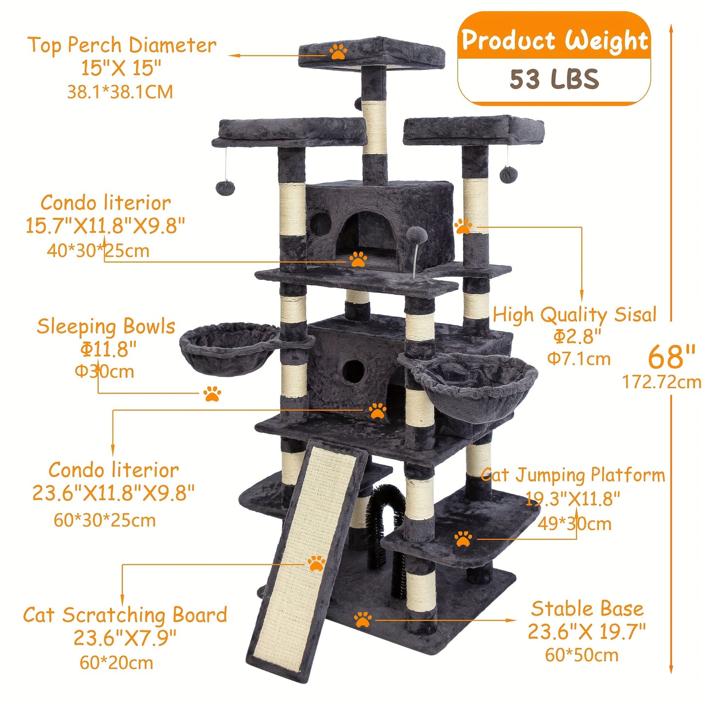 68 Inches Big Multi-Level Cat Tree