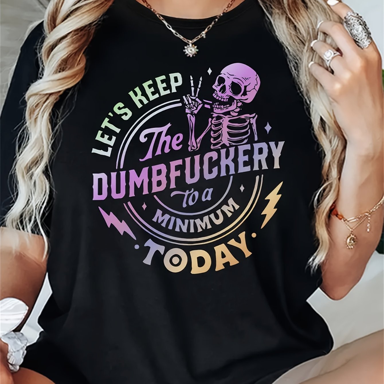 Relaxed Fit Women's Short Sleeve T-Shirt, Colorful Skeleton Print.