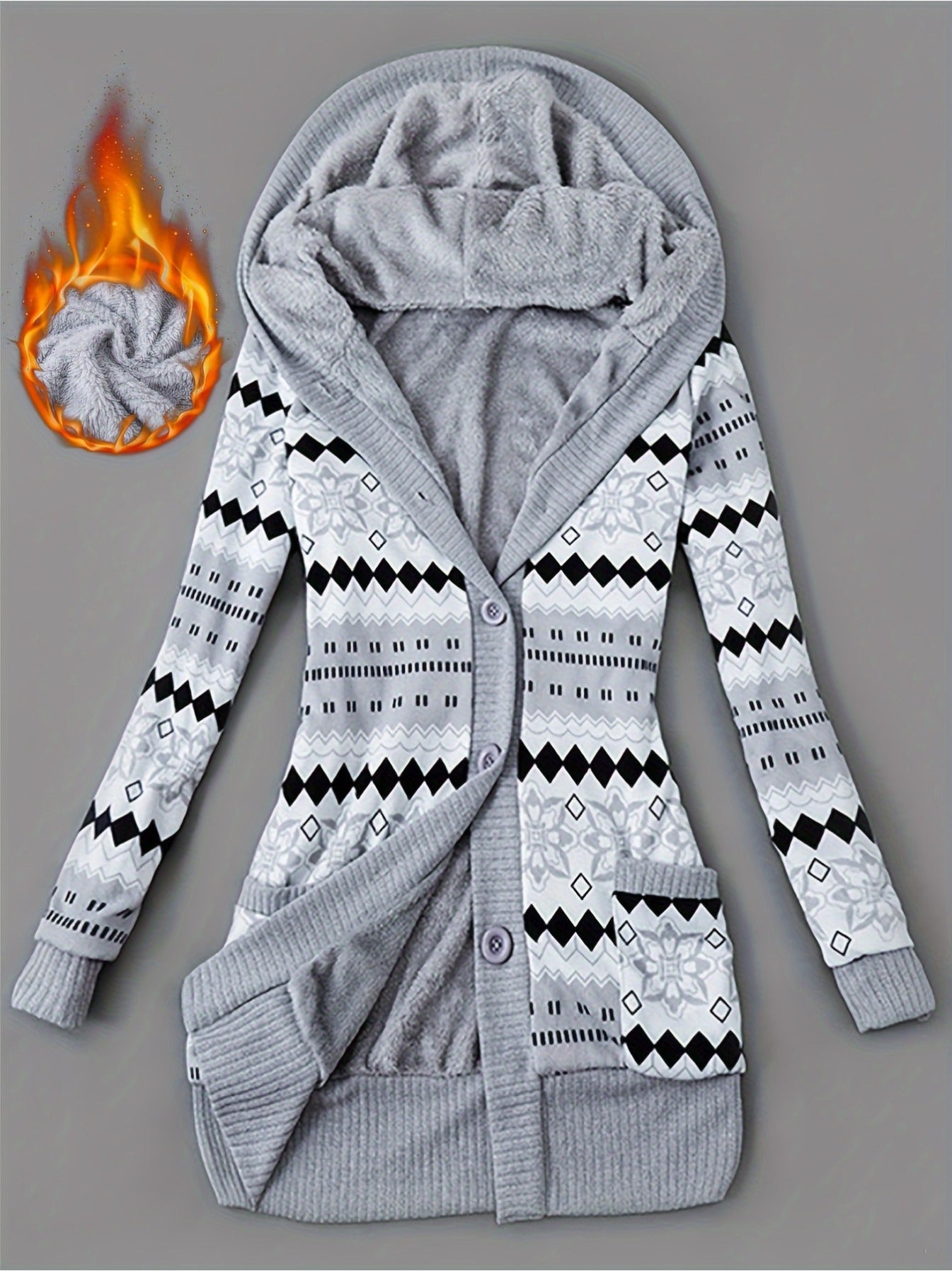 Women'S Geometric Print Knit Long Sleeve Padded Jacket, Mid-length Hooded With Pockets Fleece Lined Cardigan