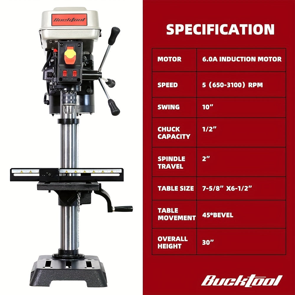 6.0 Amp 3/4 HP 10-Inch Drill Press 5-Speed Benchtop Drilling Machine With LED Work Light