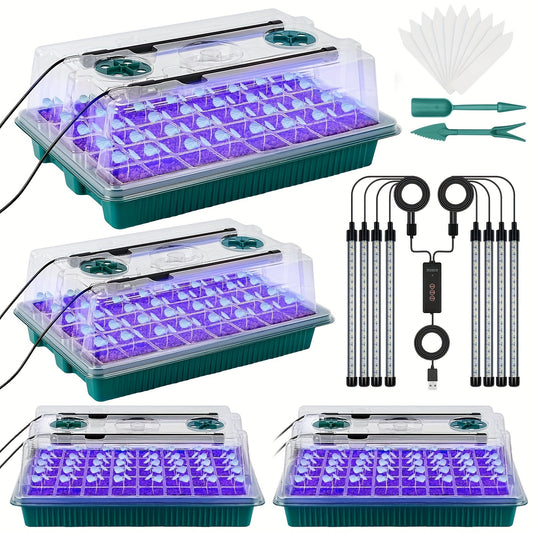 A Set of 4 Seed Germination Trays, Equipped with a High Dome Seed Germination Kit Featuring 160 Cells, 8 LED Grow Lights, a Smart Timer, And 3 Modes,