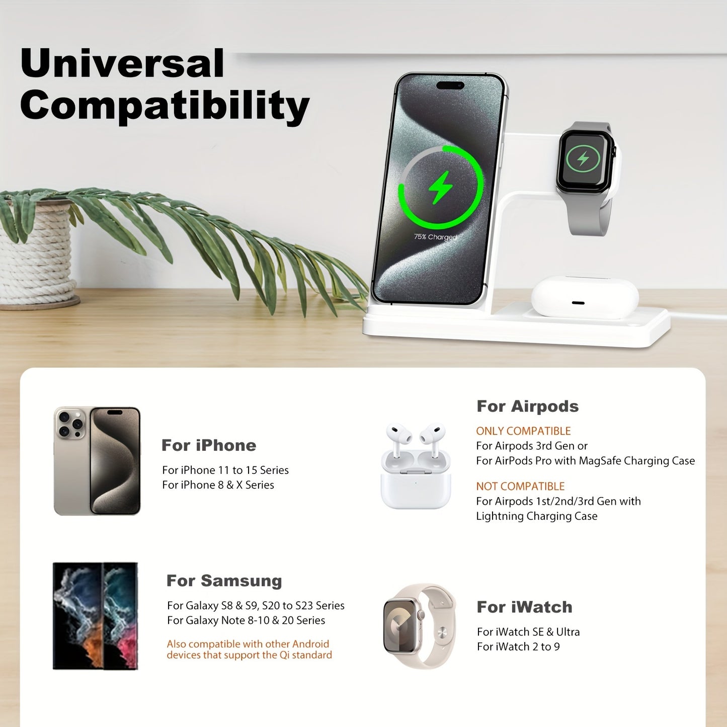 3 In 1 Foldable Portable Wireless Charger, Suitable For iPhone 15 14 Pro Max 13 12 11, iWatch 9 8 7 6 5 4 3 2 Se, Airpods 3 2 Pro, Samsung Galaxy S23 S22 S21 S20, Galaxy Note 20 10 9 8.