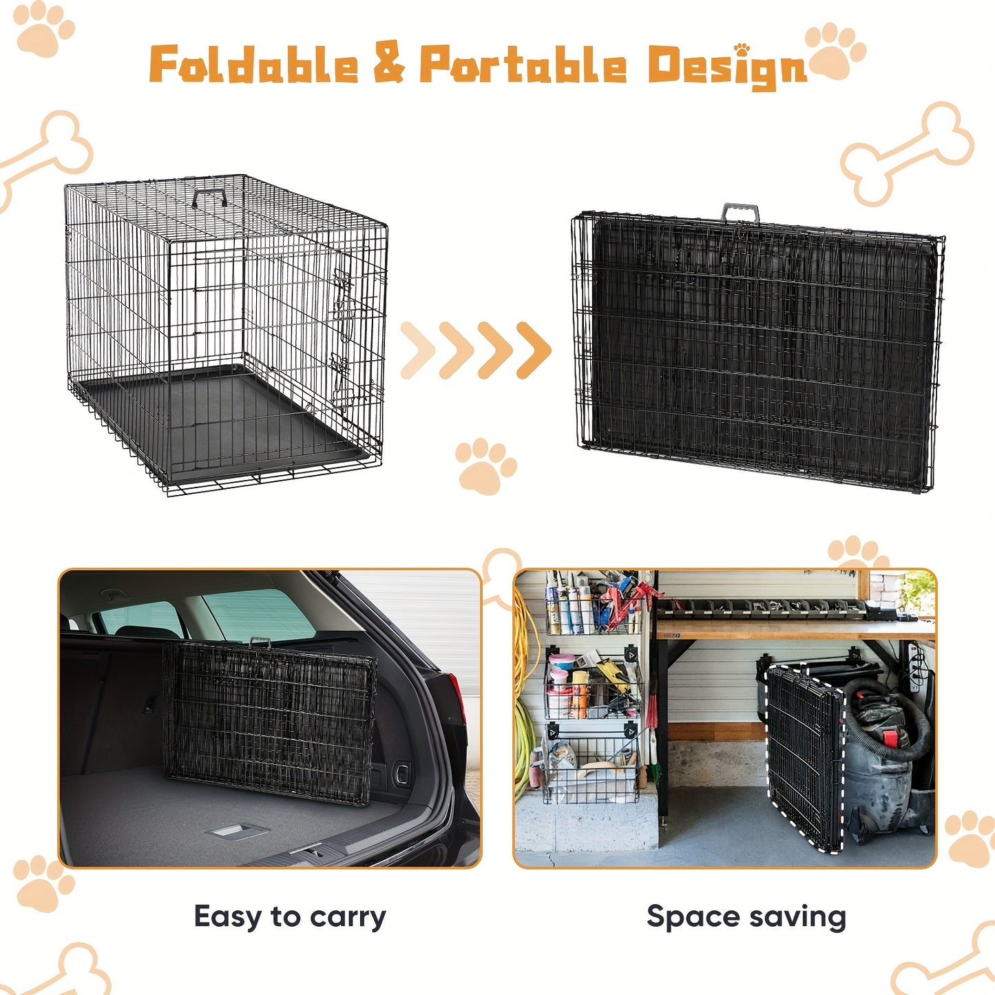 Folding Dog Crate  with Double Doors, Divider Panel, Removable Tray