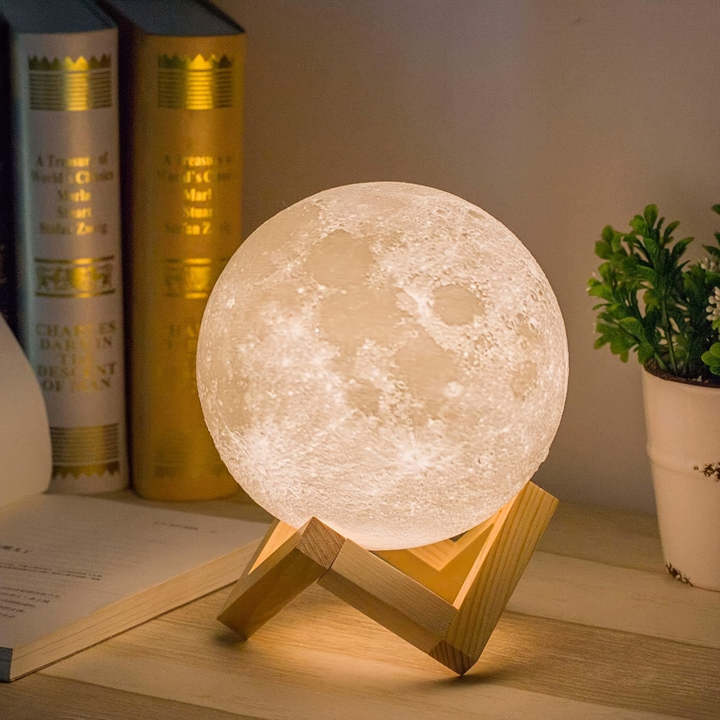 Moonlight Magic Lamp - 3D Printed White Ball Moon Lamp with Wooden Frame Base, 16 Colors LED Night Light, USB Plug-in, Remote Control, and Bracket.