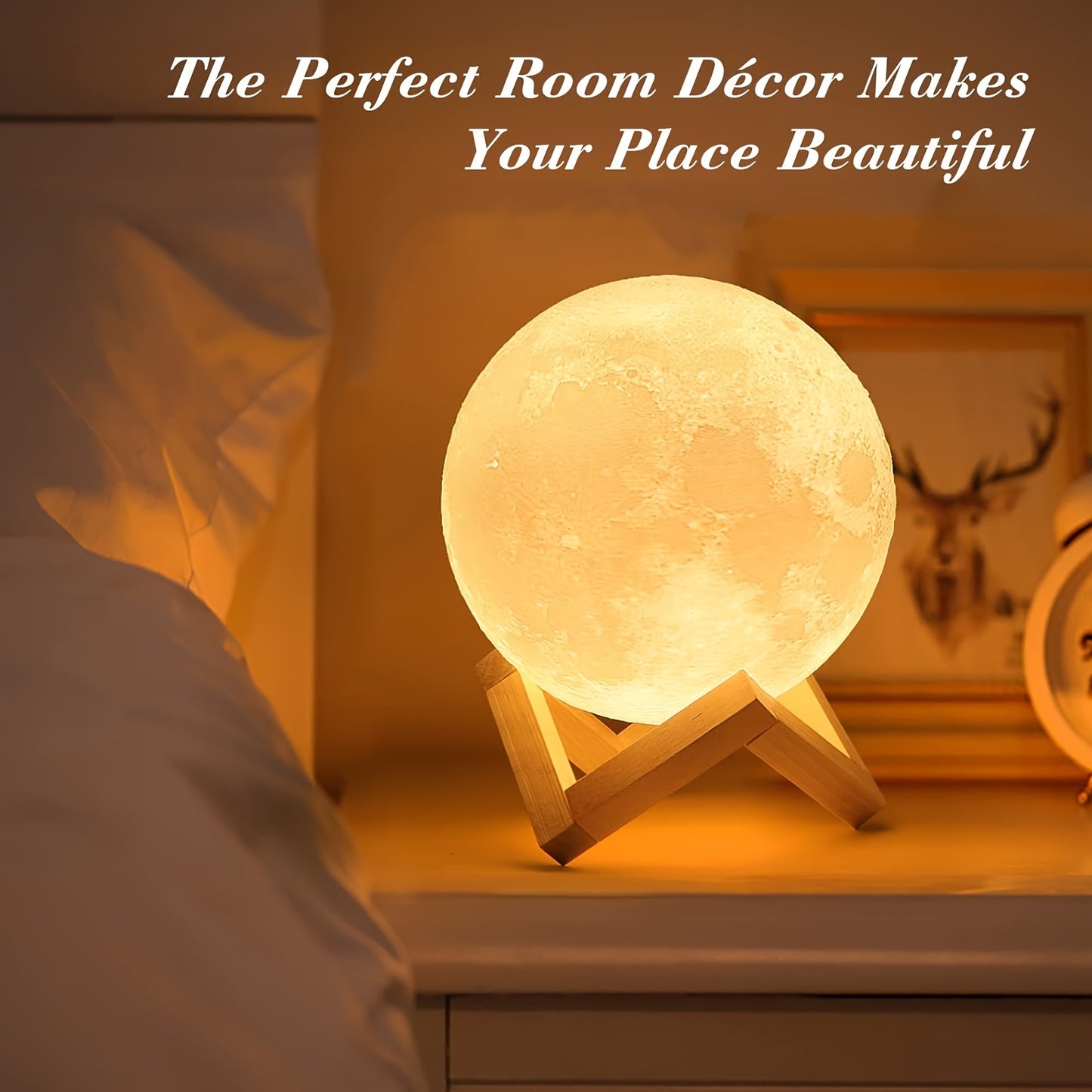 Moonlight Magic Lamp - 3D Printed White Ball Moon Lamp with Wooden Frame Base, 16 Colors LED Night Light, USB Plug-in, Remote Control, and Bracket.