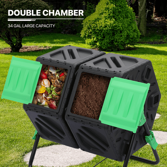 34 Gallon Compost Bins Outdoor Dual Chamber Composter Fast Working Tumbling High Volume Composter with 2 Sliding Doors